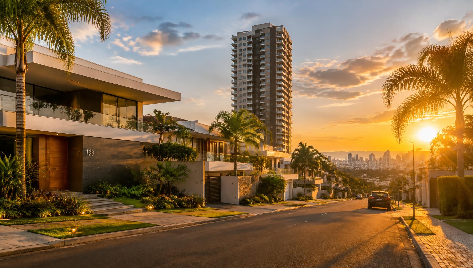 Rua residencial arborizada com casas modernas ao entardecer